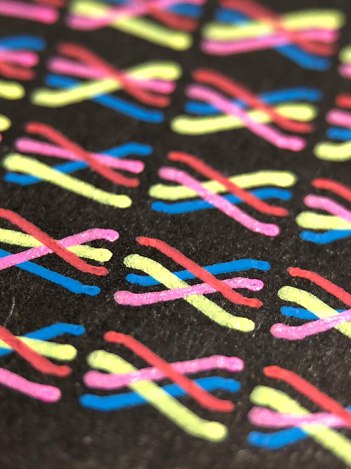 An extreme close-up of one wire group, showing how the gel pens are able to layer colour over previous ones