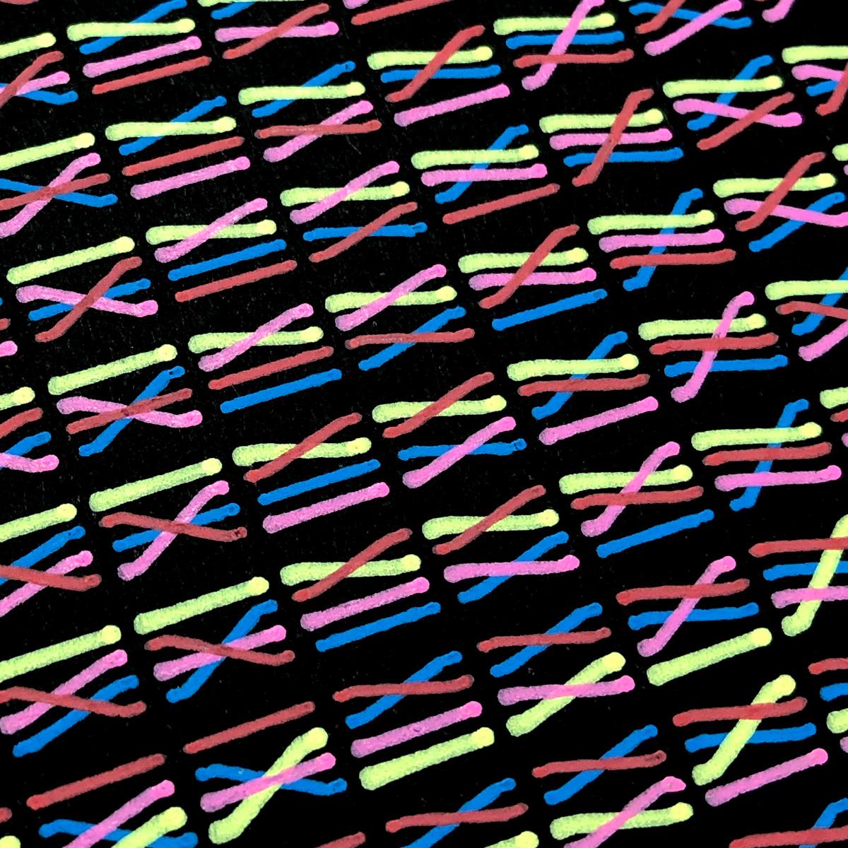 A grid of grouped lines (wires), each with four colours, and each moving diagonally or straight across in unique patterns