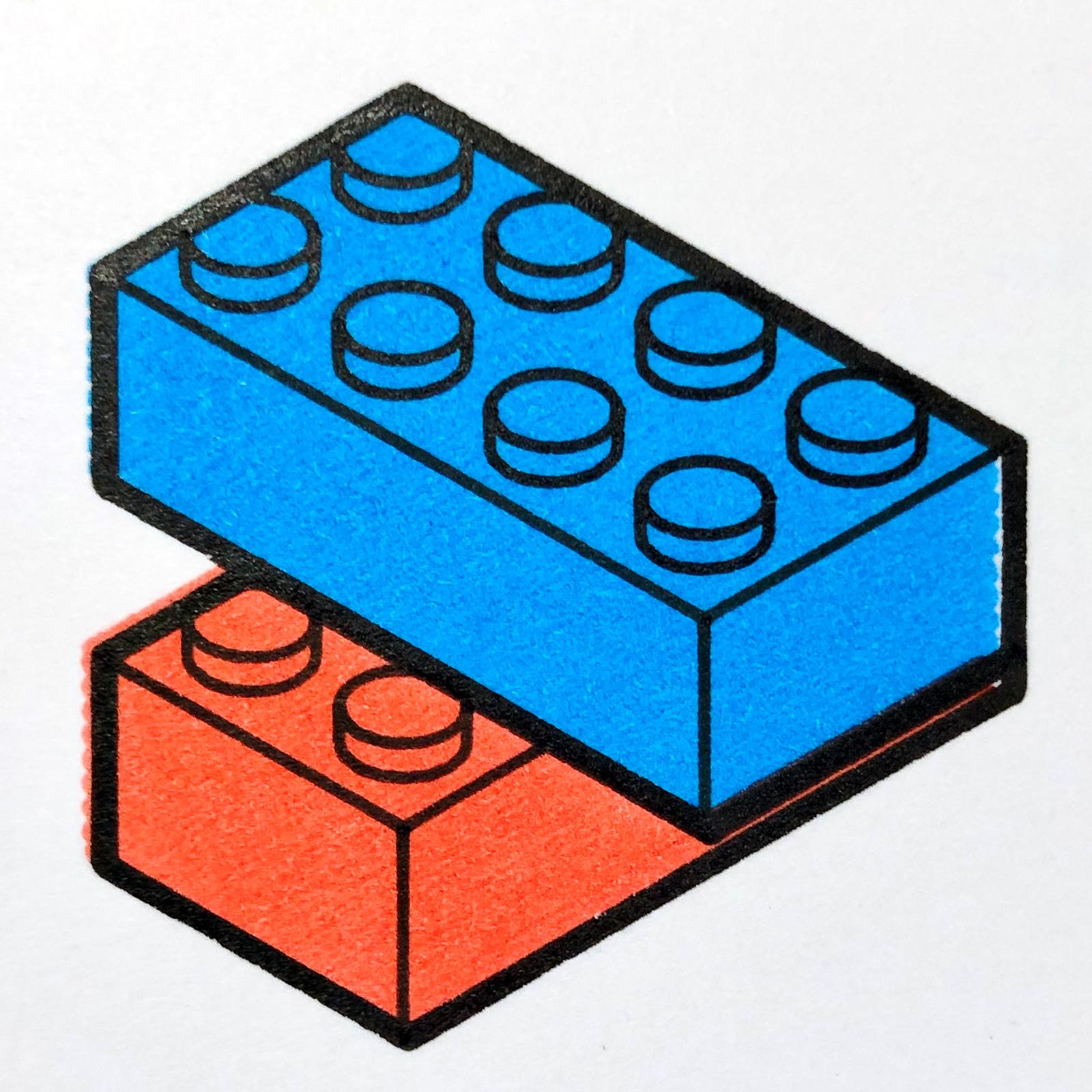 A close-up view of a single combination of two bricks. The blue is sat directly on top of the red, but rotated by 90º