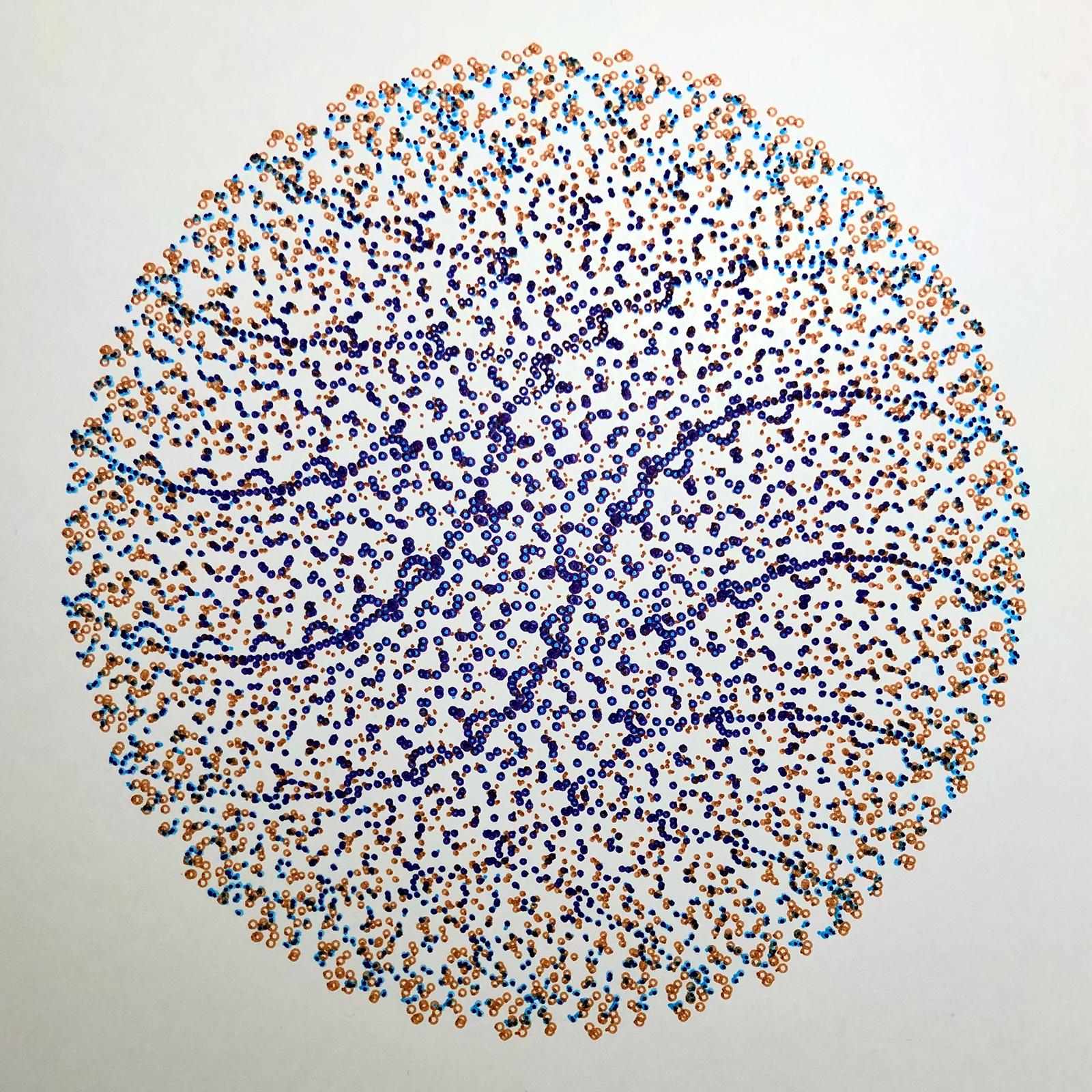 Intricate patterns are made up from thousands of dots in a circular shape. Printed as brown, purple and light blue on white paper