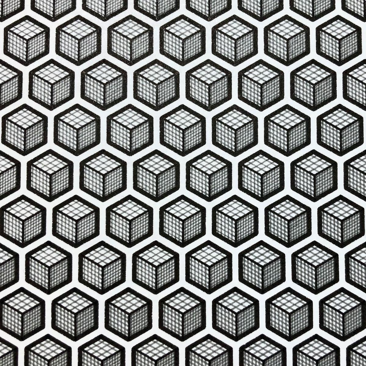 White paper covered in a spaced grid of black hexagon-based shapes, each with inner edge lines and hatching giving the appearance of isometric cubes to the hexagons