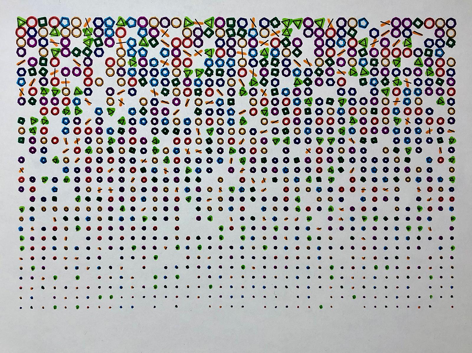A grid of seemingly randomly-placed and rotated shapes, with numbers of sides from circles to nonagons. Each shape is a thin black line on top of the same shape drawn in a bright colour. Each row of shapes gradually gets smaller moving down the page