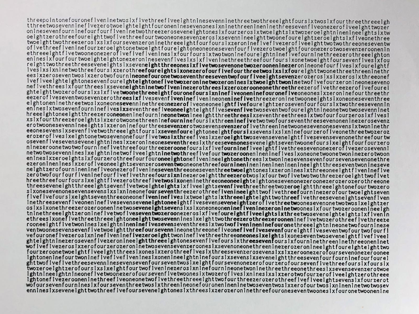 White paper filled with monospaced writing, printed without spaces in a tightly packed grid. In the center, some letters appear bolder, revealing the vague outline of the “pi” character