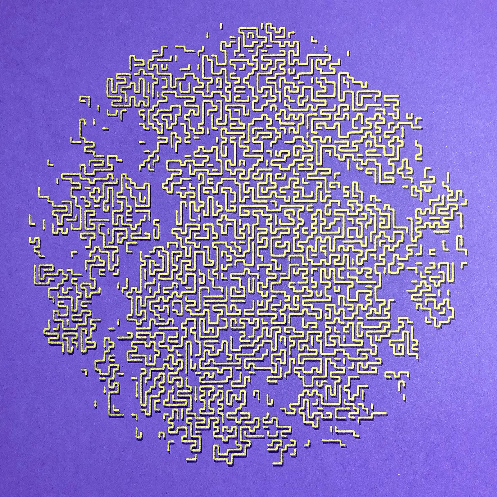 A grid of gold and dark purple lines on purple paper. The dark purple lines give the illusion of a shadow to the gold lines. The overall shape of the grid is a circle, but some lines are missing, leaving it looking weathered and uneven