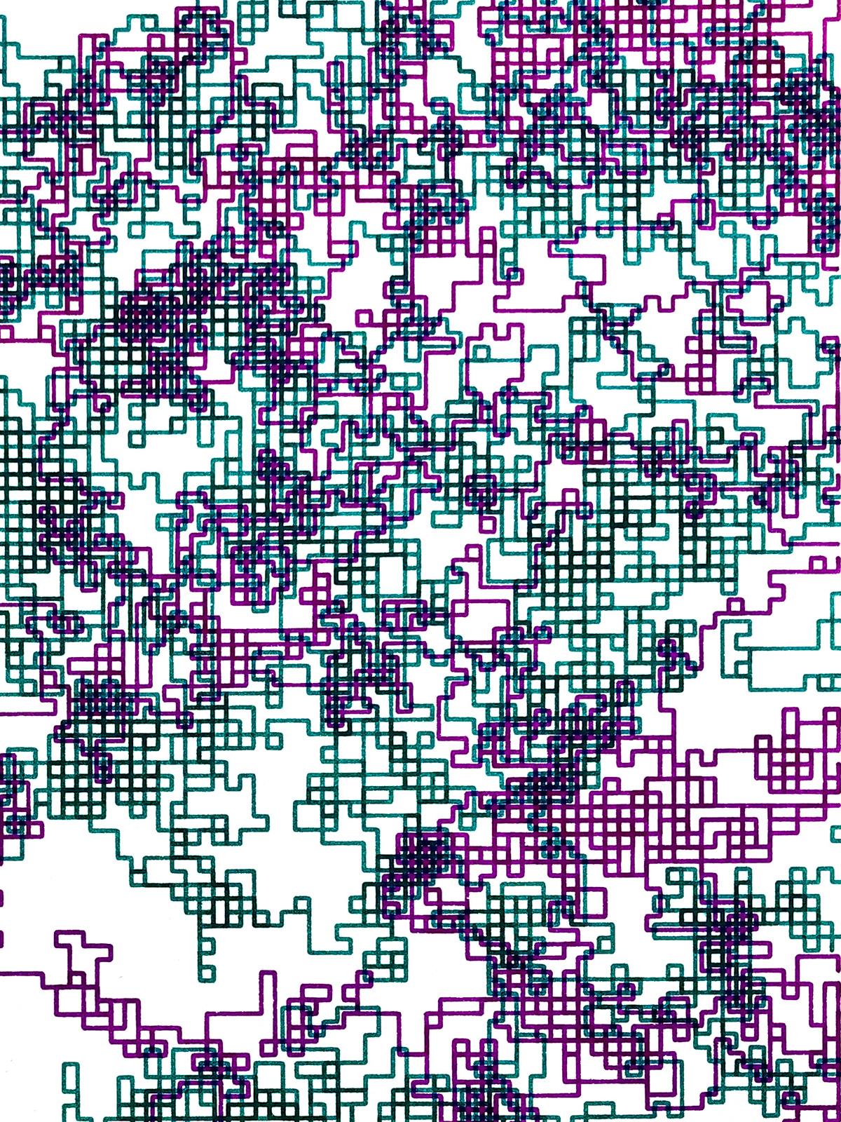 Purple and green lines on white paper. Each colour is slightly offset from each other so they overlap, but not completely. Each set of lines is mainly comprise of clusters of squares, with short straight lines connecting them. Some squares appear much darker, where they have been drawn over multiple times