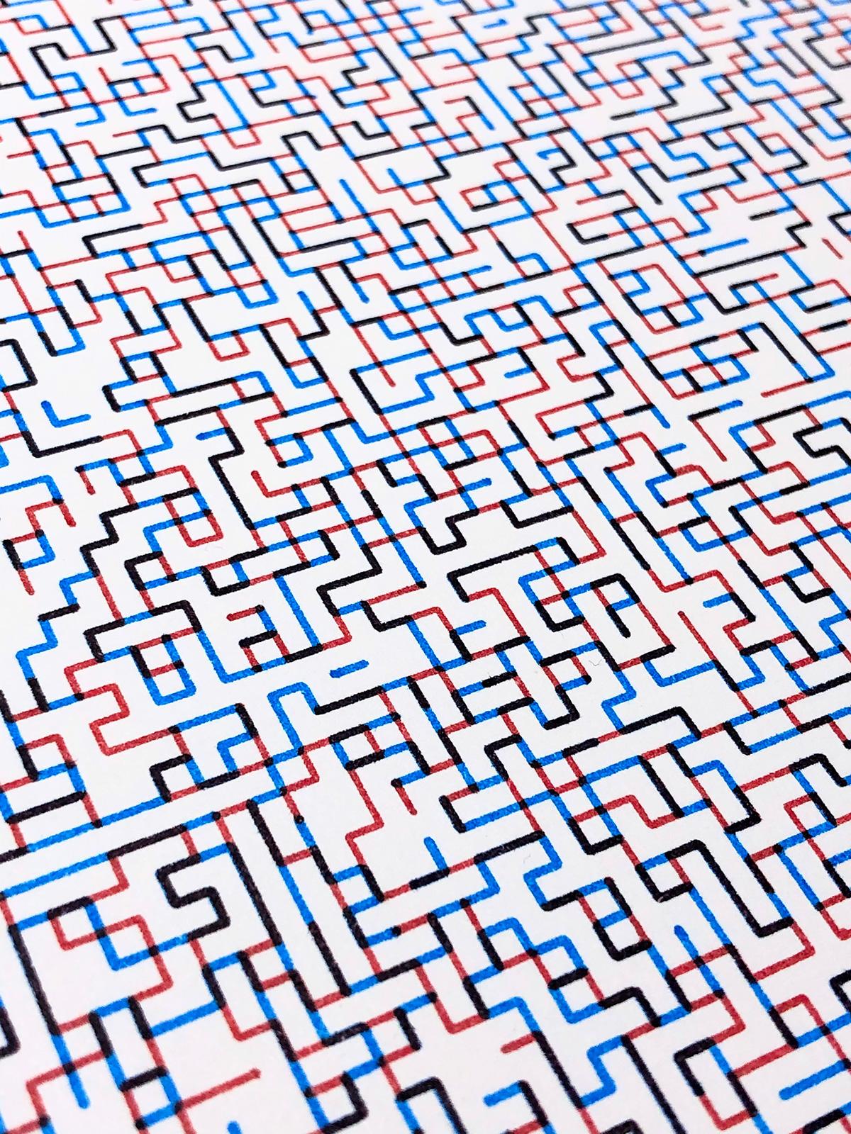 Red and blue lines on white paper. Unlike the previous example, these lines are more organised and don’t intersect. Instead of one long line, it is made up of many shorter ones