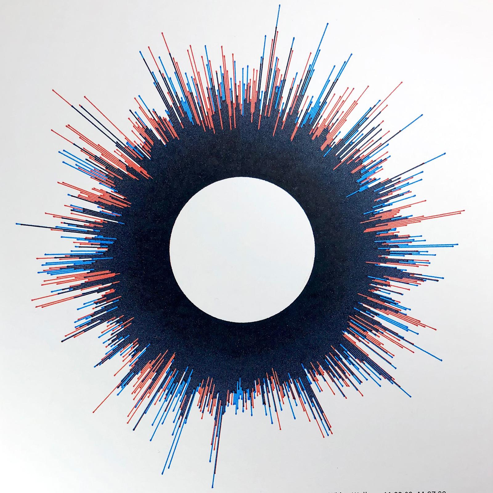 Overlapping tightly-packed red and blue lines leave the center of the page with seemingly random lengths. A white circle is cropped from the center