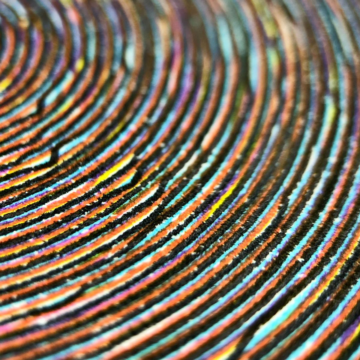 A closeup view showing a section of four overlapping spirals. Each spiral has a unique “wobble”, creating interesting texture and colour combinations