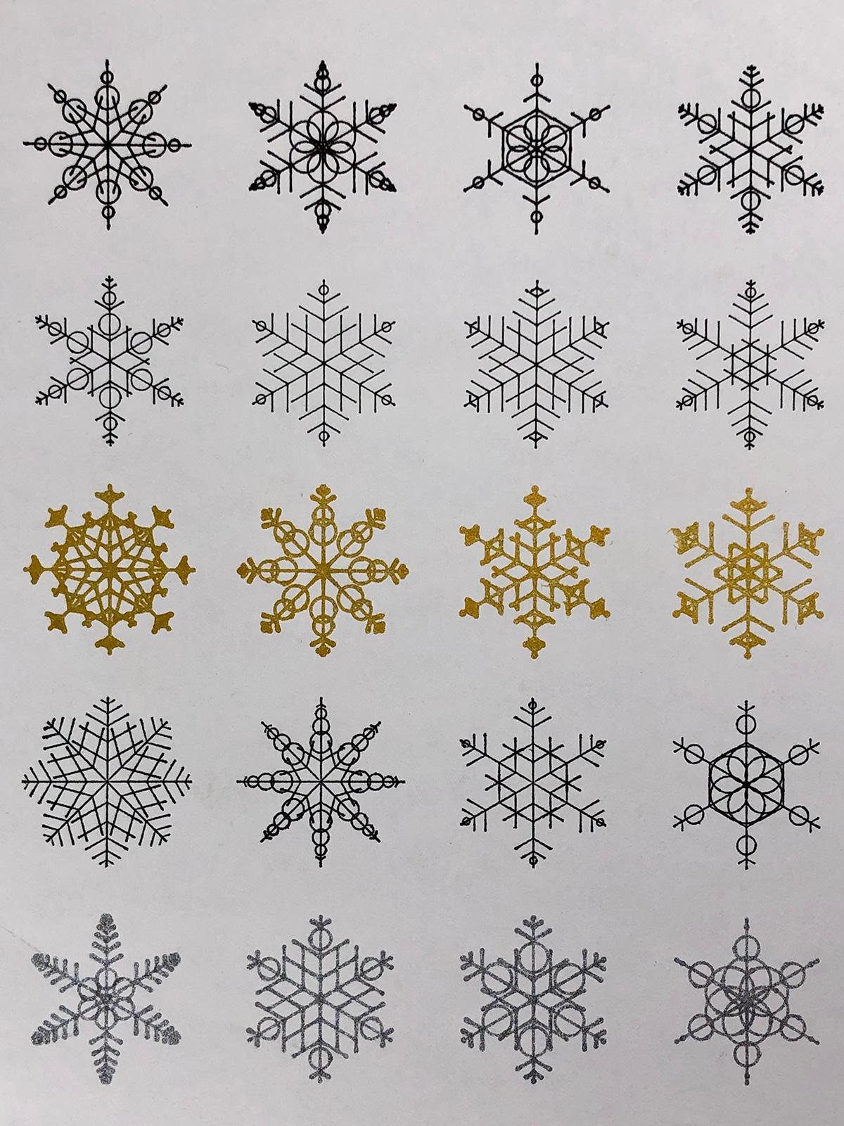 A four-column, five-row grid of “snowflake” shapes. Each shape has six primary lines coming from the center, covered in randomised secondary shapes and lines. The randomised elements make each snowflake look quite distinct