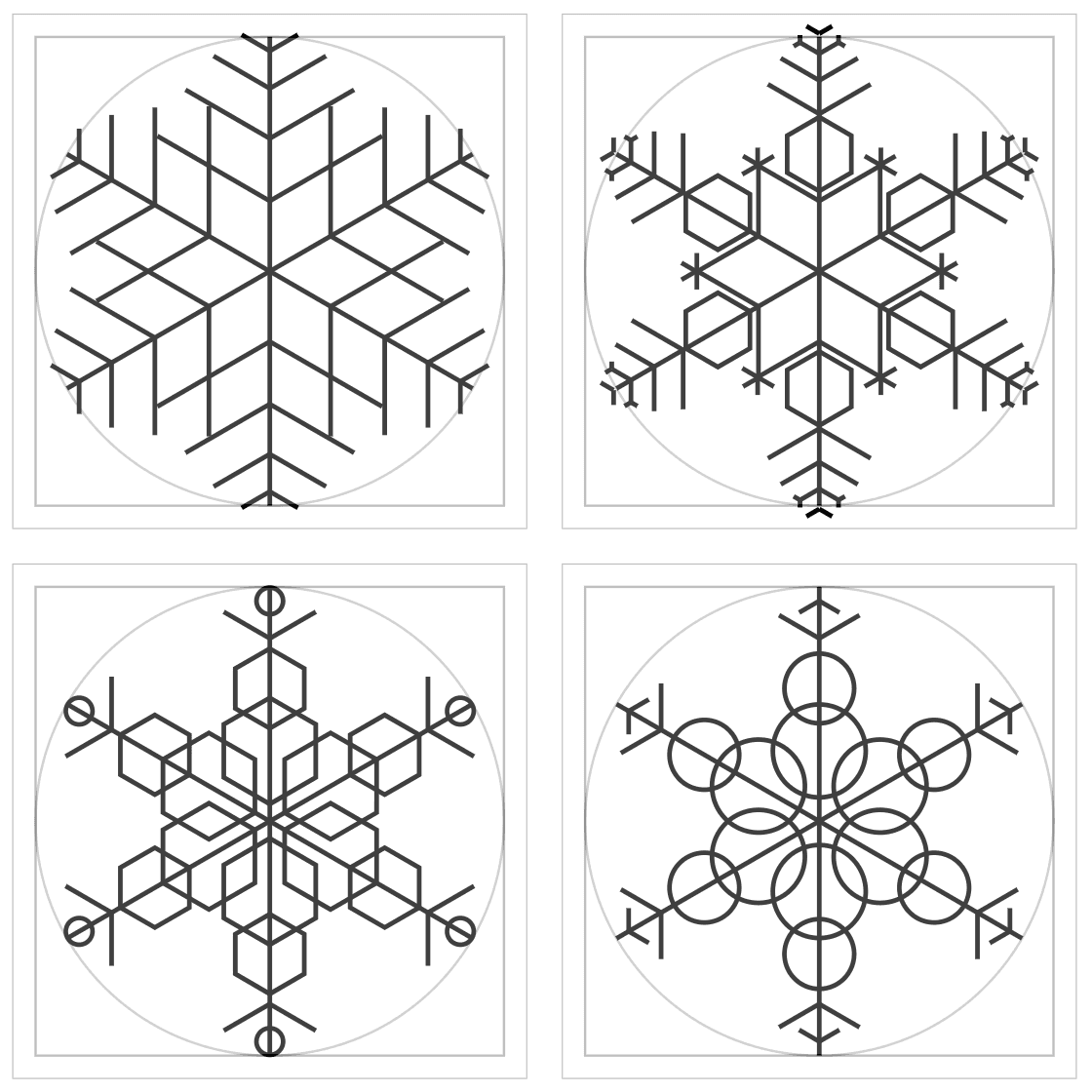 A screenshot from a computer showing the digital versions of four snowflake shapes