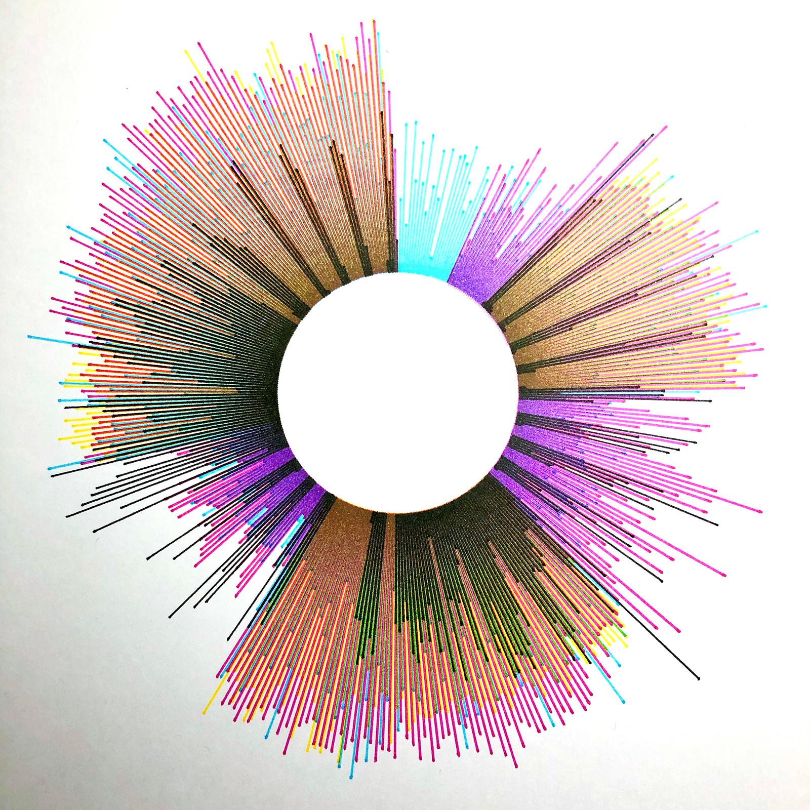 A white circle is surrounded by spikes of colour shooting from a central position, the length of each line representing a moment in the audio track’s waveform