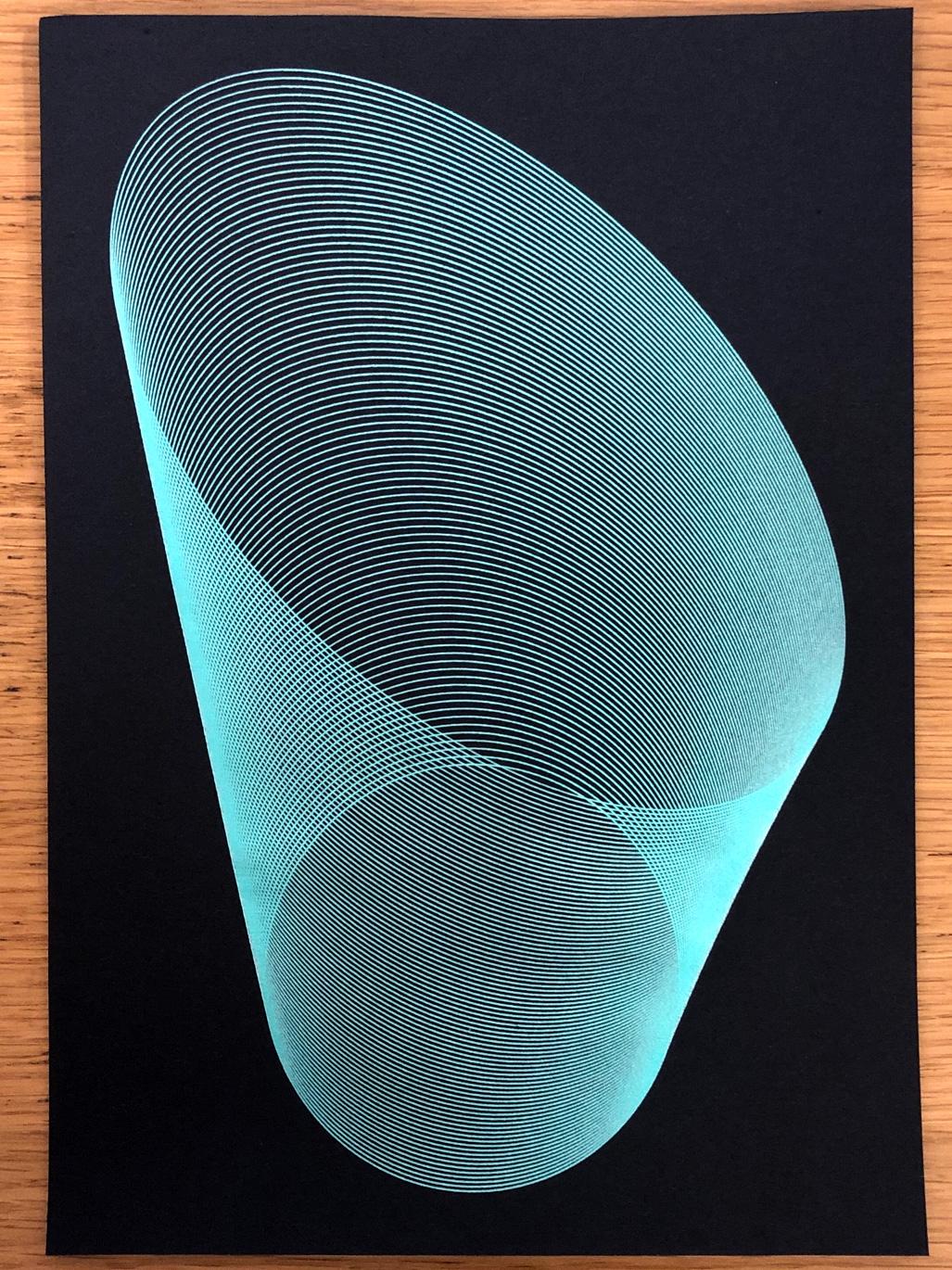 Black paper with metallic light-green ink. A regular circle at the bottom of the page and a skewed, elongated oval at the top of the page are joined by a tightly-packed spiral producing interesting effects as the lines overlap